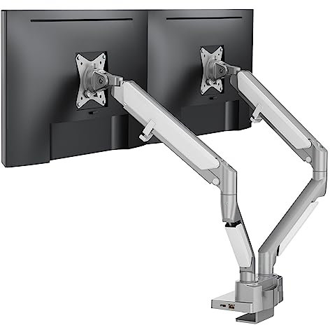Allcam One-Cable-for-All Dual LED/LCD Monitor Arm Stand w/USB C Dock Grab-and-Twist to Change Screen Landscape/Portrait Mode, Top-Loading Desk Clamp, Cable Management and Optonal PD charger