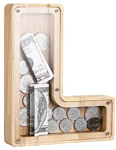 Kinsinder Holz Buchstaben Spardose, Holz Spardose Kinder Personalisierte Kreative Brief Münzbank Spardose mit Alphabet Aufklebern für Familie, Weihnachten, Geburtstag, Geschenk (L, S)