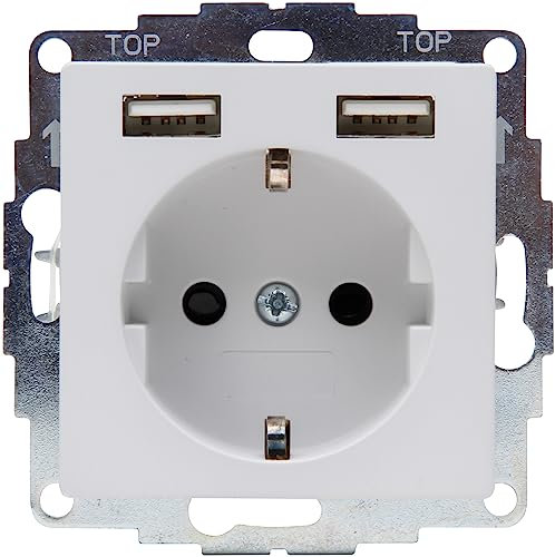 Kopp Athenis Schutzkontakt-Steckdose, 1-fach mit 2 x USB Ladebuchsen, 16A, 250V~, Ausgangsstrom der Ladebuchsen max. 2400mA/5V, IP20, grau, matte Oberfläche, 296234082