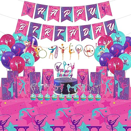 Gymnastik Geburtstag Party Dekorationen, einschließlich Happy Birthday Banner Cake Toppers Tischdecke Geschenk-Taschen Luftballons, Gymnastik Party Zubehör für Ihre kleinen Tanz-Turner, Baby Shower