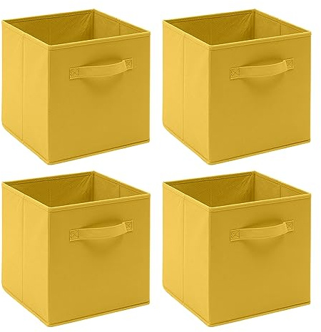 Redd Royal Pack of 2/4/6 Non-Woven Fabric Unit Storage Cubes Boxes Foldable Collapsible Storage Organizer Basket Bins with Handle for Wardrobe Clothes Toys Bedroom Living Room (Yellow, Pack of 4)