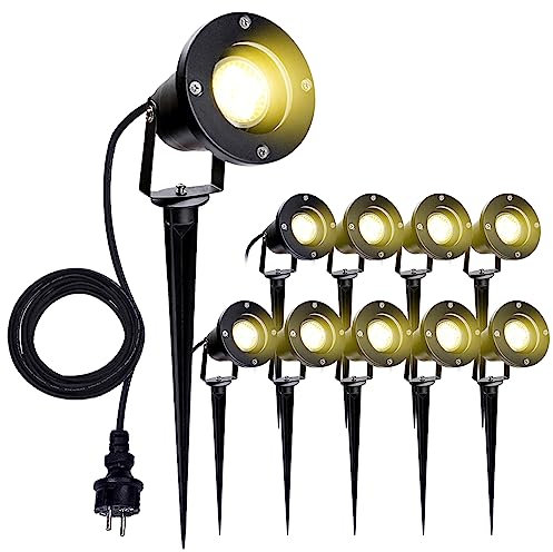 Gimisgu Gartenbeleuchtung LED, 10 Stück 4W GU10 Warmweiß 3000K IP65 Wasserdicht Gartenstrahler mit Erdspieß, Gartenleuchte mit Stecker, Dekorative Gartenlampe Gärten Wegen Rasen