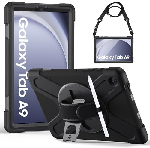Gerutek Cover per Samsung Galaxy Tab A9 8,7 Pollici 2023, SM-X110/X115/X117 Custodia Antiurto Robusto con Cavalletto Girevole 360 e Cinghia a Mano/Spalla per Galaxy Tab A9, Nero