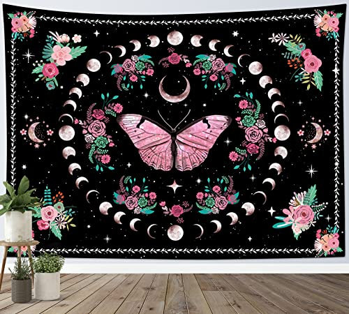 LB Wandteppich Rosa Schmetterling Wandtuch Mondphase böhmisch blumig Wandbehang Ästhetischer schwarzer Sternenhimmel Tapisserie für Wohnzimmer Schlafzimmer Wohnheim Wanddeko,200x150cm
