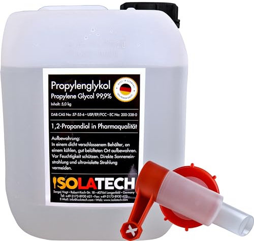 ISOLATECH Propylène Glycol 5L 99,9% Qualité Pharmaceutique | Pour Alimentation & Cosmétique | Incolore, Inodore | 1,2 Propanediol en Bidon | Avec Robinet de Soutirage SABEU Fluxx