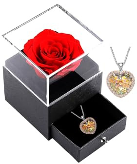 xuehaostore Ewige Rose mit Halskette, konservierte Blume, Schmuckschatulle, Schmuck Geschenk für Damen, Geburtstag/Weihnachtsgeschenk/Valentinstag (Goldgelb)