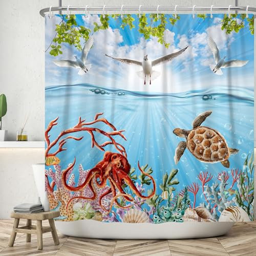 ASDCXZ Ozean Duschvorhang 180x220 cm, Blau Ozean Meeresorganismen Schildkröte Oktopus Möwe Blätter Bad Waschbar Duschvorhänge Polyester Textil Wasserdicht Badevorhang für Badewanne mit 12 Haken