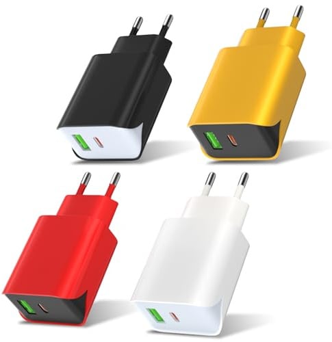 SCHITEC 4 Stück 20W USB C Ladegerät Stecker, 2 Port PD+ QC 3.0 18W USB Netzstecker,USB Schnellladegerät Netzteil für iPhone 15/14/13/12/11, Samsung Galaxy S22/S21, Google, Pixel usw (4 Farbe), TC178