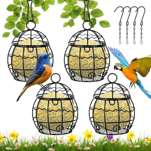 4 Pcs Hanging Bird Feeders Metal Fat Ball Bird Holder with S-shaped hooks for Outdoor Garden Wildlife Birds Finch Sparrow Robin