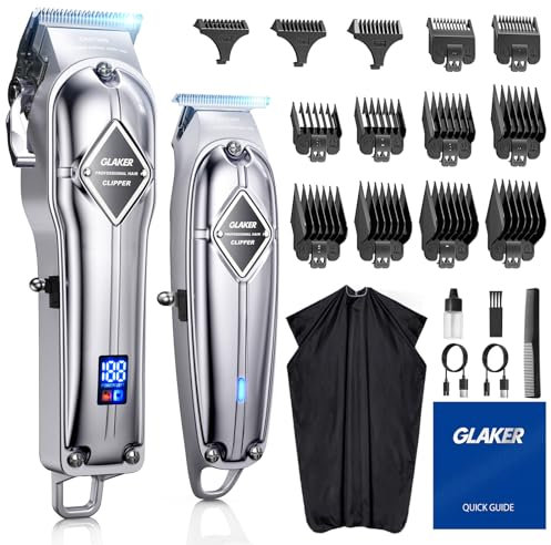 GLAKER Haarschneidemaschine für Herren + Haarschneider Kit, Akku-Friseur Professionelles Haarschneidemaschine Haarschneide-Set Bartschneider für Männer Frauen Kinder (Silber)