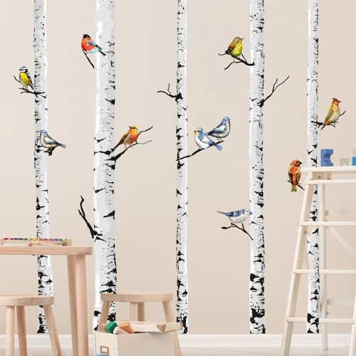 Supzone XXL Wandtattoo Baum Großer Birkenbaum Wandaufkleber 5 weiße Bäume Waldvögel Wandsticker für Wohnzimmer Schlafzimmer Büro Sofa TV Hintergrund Wanddeko(H: 165CM)