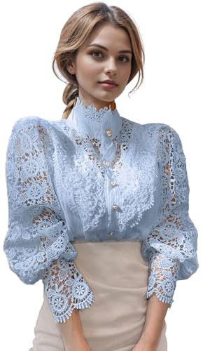 Petalum Damen Bluse Spitze Chic Viktorianisches Hemd Langarm Puffer Ballon Sexy Gothic Lolita Spitze Openwork Top Renaissance Bluse Elegant Breit Vintage, hell blau, 30