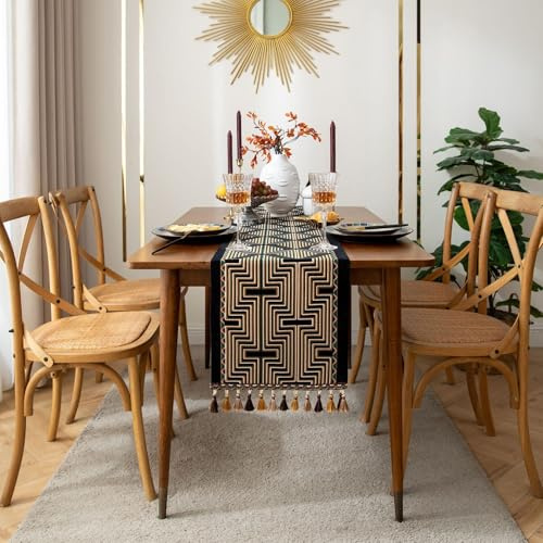 FAWFCJD Tischläufer Mit Quasten, Goldenes Geometrisches Muster, Jacquard-Tischläufer, Schwarzer Couchtischläufer, rutschfeste Tischdecke, Rechteckige Tischdecke, Tischset(35x160cm)