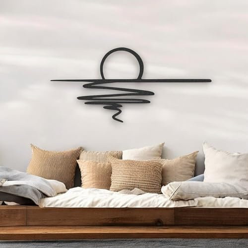 Tubibu Metall-Wandkunst – Sonnen-Glitzer-Wanddekoration – schwarze minimalistische Linienkunst – Sonnenaufgang-Wandbehang für Wohnzimmer, Schlafzimmer, Einweihungsgeschenk im Freien (Medium)