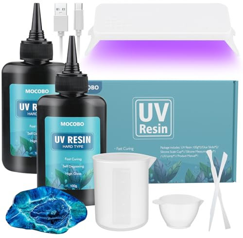 MOCOBO 200g UV Resin Kit with Lamp, Upgraded Hard UV Glue, Crystal Clear, Solar-Curing, Solidification Under UV Light Exposure, DIY Craft Decoration, Entry-Level Package, Casting and Coating