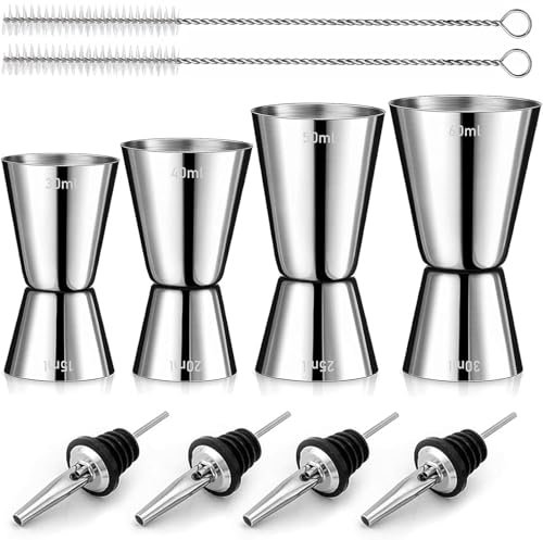 Juego de 4 vasos medidores de cóctel de acero inoxidable, 3 cl/4 cl/5 cl y 6 cl, con escala, vaso medidor de ginebra dual con 4 vertedores de botellas y 2 pinceles, vaso medidor de cóctel