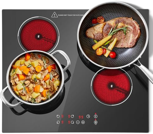 KICHPOWER Plaque Vitrocéramique 4 Feux, 60cm, 6000W, 9 Niveaux de Puissance, Minuterie 1-99 min, Noir, Pour toutes les Casseroles