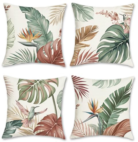 Bonhause 4er Set Kissenbezüge Tropische Blätter 45 x 45 cm Aquarell Blätter Vogel Polyester Leinen Dekorative Kissenhülle Zierkissenbezüge für Sofa Zuhause Garten Dekoration