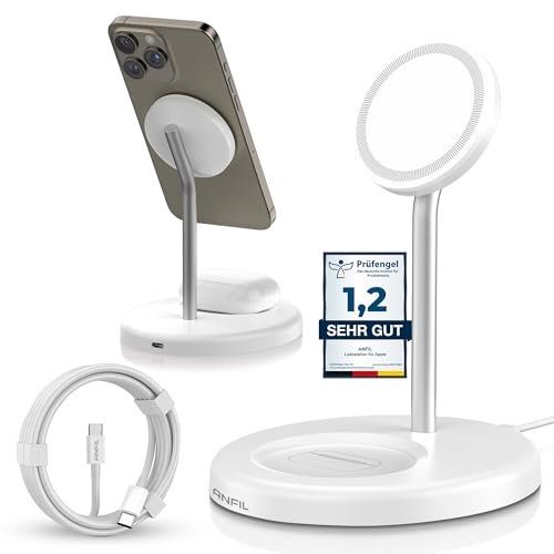 ANFIL® Mag-Safe Ladestation 2-in-1, 15W - Kompatibel mit iPhone 12-16 Serie - Wireless Charger - Ladegerät fur iPhone, fur AirPods - Magnetisch, Kompakt, Sicher & Platzsparend, mit USB C (Weiß)