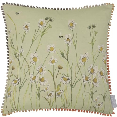 Voyage Maison Ellaphie Feather Filled Cushion – Watercolour Wildflowers Honey Bees Cotton Blend Country Style (Sage - 50x50cm)