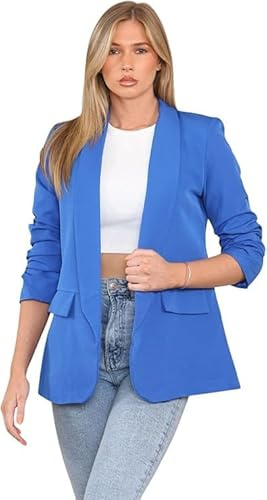 eyes Lined Blazers for Women Casual Long Ruched Sleeve Suit Plain Open Jackets Work Office Coats Cardigan Suit Formal Jacket Top Solid Color Collar Italian Ladies Blazer Size (Royal Blue, UK 18)