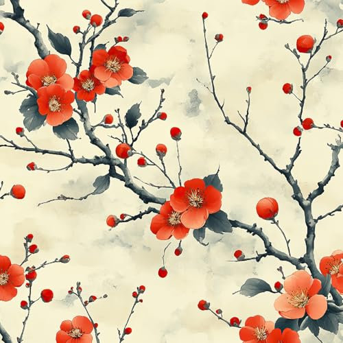 Self Adhesive Wallpaper Flowers Red Peel and Stick Wallpaper Painting Plants Pattern Vinyl Film 17.3x118 Contact Paper Retro Style Sticky Back Plastic for Bedroom Living Room Bathroom