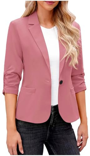 Blazer élégant pour femme - Manches 3/4 - Couleur unie - Slim - Un bouton - Décontracté - Sportif - Pour le bureau - Manteau d'affaires avec poches, Rose chaud., L