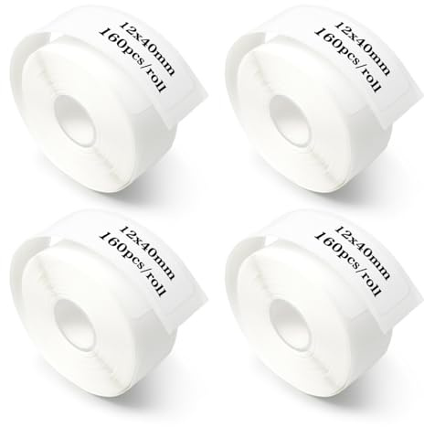 4 Rollen Etikettenband, 12 x 40 mm Thermodrucker-Klebeetiketten, Thermo-Etikettenband für P15/P12/P11/D30/L12 Etikettendrucker, 160 Stück/Rolle – Weiß