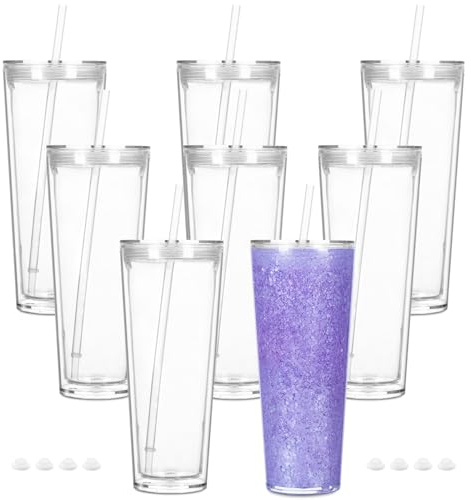 Cosictic 24 OZ Reusable Acrylic Snow Globe Tumbler with Pre Drilled Hole, Plastic Double Wall Snowglobe Tumbler with Clear Lid and Straw, （8 Pack）