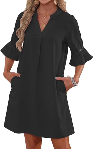 Famulily Women's Flowy Bell Short Sleeve Shift Dress V-Neck Loose Summer Casual Dresses with Side Pockets S-XXL