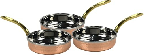 Catergold Frying Pan Copper & Stainless Steel Traditional Hammered Fry Pan Set 3 Piece with Brass Handle (3X 13.5cm)