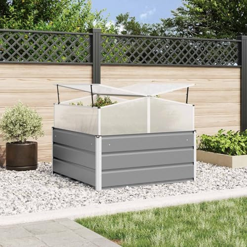 KKHOMEI Letto per Orto in Acciaio zincato, Fioriera Rialzata da Giardino Profonda in Cassetta con Serra da Giardino,Orto Rialzato da Esterno, 100 x 100 x 77 cm, Grigio Chiaro