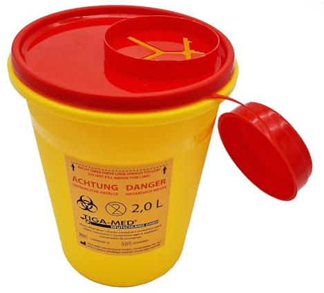 TIGA-MED Kanülenbehälter 2 Liter – 50 Stück – durchstichsichere Abwurfbox mit Sicherheitsdeckel – Entsorgungsbehälter für Nadeln, Spritzen & Lanzetten – Großpack für Klinik & Praxis