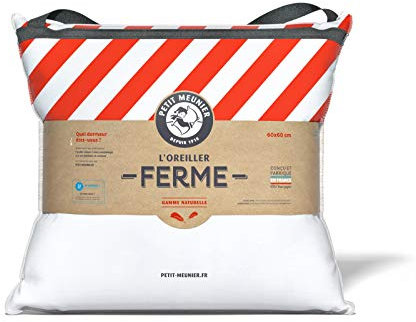 Petit Meunier Oreiller Naturel Ferme 60x60 cm – Plumette et 10% Duvet pour Un Confort Ferme, résilient et Respirant – Anti-acariens hypoallergénique – Confection Artisanale en Bourgogne