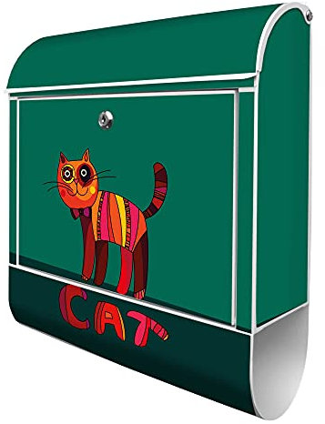 banjado® Design Briefkasten mit Orange Katze 38,5x46,5x13cm & 2 Schlüssel - Briefkasten Stahl weiß mit Zeitungsfach pulverbeschichtet - Postkasten A4 Einwurf inkl. Montagematerial