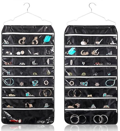 Flexzion Hanging Jewelry Organizer with Zippered Pockets - (1 Pack) Black Closet Jewelry Organizer Storage with Hanger, 56 Pockets Dual Sided Earring Organizer Hanging for Bracelets, Watches, Ring