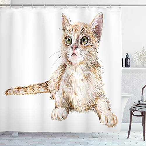 ABAKUHAUS Süße Katze Duschvorhang, Hand Drawn Ingwer-Kätzchen, Stoffliches Gewebe Badezimmerdekorationsset mit Haken, 175 x 200 cm, Weiss Aprikose