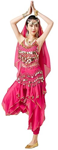 Wuchieal Bauchtanz Kostüm 4 Teile Oberteil Hose Hüftschal Schleier für Damen (Dunkelpink, One size)