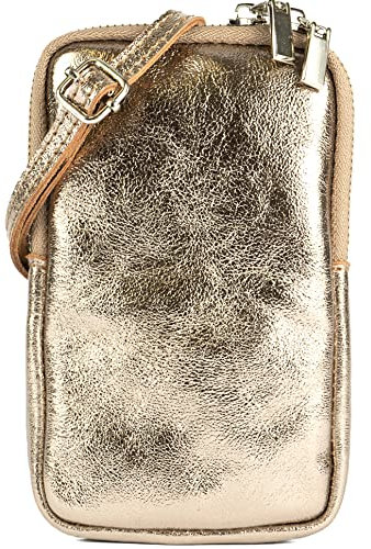 modamoda de T197 Damen Leder Handytasche 6,7 Zoll Umhängetasche handmade in Italy, Farbe:Altgold-Metallic