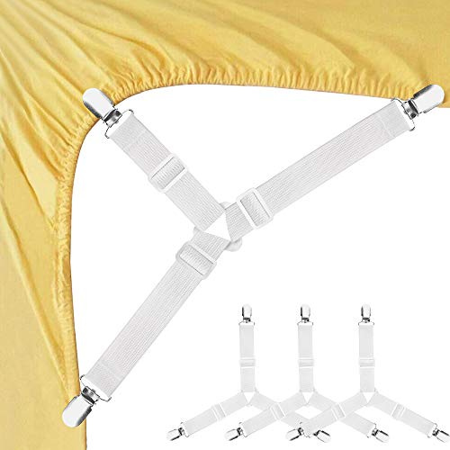 Foloda Verstellbare Bettlakenspanner Elastische Betttuchspanner Lakenspanner mit Metallclips (Weiss-S)