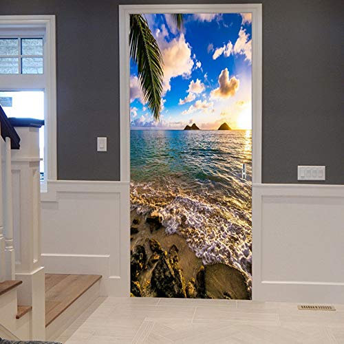 A.Monamour Sticker Porte Autocollant Poster de Porte 3D Plage De Sable Lever du Soleil À Hawaii Océan Mer Tropical Palmier Vinyle Affiche de Porte Sticker Mural Papier Peint Art Décor 90 x 200 cm