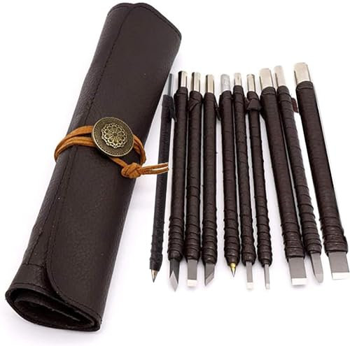 10 Piezas De Herramientas De Tallado De Piedra, Cinceles De Acero De Tungsteno Con Bolsa De Cuero, Cinceles/Cuchillos Para Gravador De Sello De Piedra