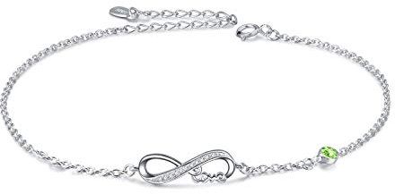 AOBOCO Infinity Fußkettchen Sterling Silber 925 Damen Verstellbare Unendlichkeit Fusskettchen mit Kristallen 27 cm (Simulierter Peridot)