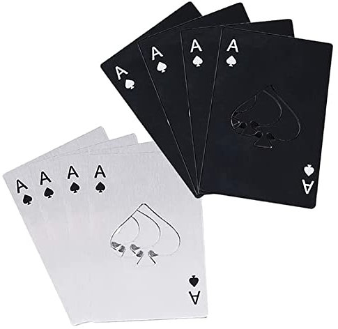 Apribottiglie per Birra Apriscatole Apribottiglie Nero Bieroeffner Cavatappi Divertenti Apribottiglie Simpatico, a Forma di Carta di Assi, per Bottiglie di Birra, Colore Argento e Nero, 8 Pezzi