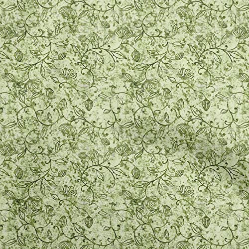 oneOone Grüner Baumwoll Flex Stoff, Asiatisches Batik Blattmotiv, Nähmaterial, Druckstoff, Meterware, 40 Zoll Breit