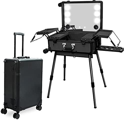 EBANKU Rolling Makeup Train Case with Lighted Mirror, 24inch Large Make up Cosmetic Orgainzer Box Travel Case with Bluetooth, Professional Protable Aluminum Trolley Salon Staion (Black)