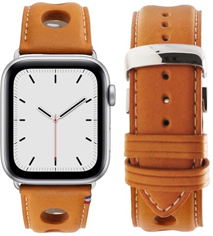 Eternel - Cinturino Rallye honey 38/40/41/42 mm adattatori in alluminio argento/galassia - Pelle di vacchetta realizzata in Francia - Compatibile con tutti gli Apple Watch - Fibbia pieghevole