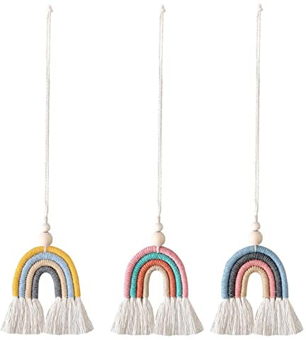 Yonphy Makramee Regenbogen Wandbehang Handgewebte Regenbogen Wandteppich Boho Home Wanddeko für Kinderzimmer Autorückspiegel (3 Stück)