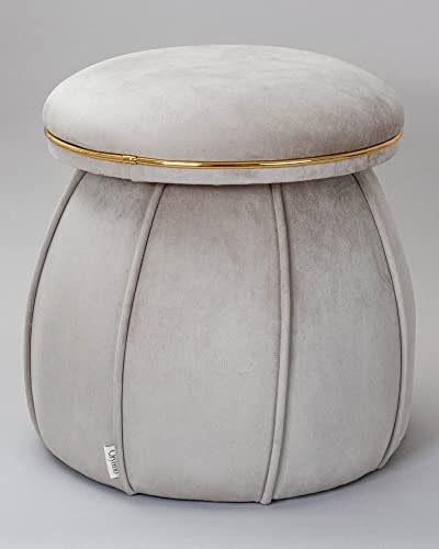 Qiyano Pouf Sitzhocker aus weichem Samtstoff in Taupe in Kegelform Pilzform für Wohnzimmer, Schlafzimmer, Kinderzimmer, Kunstlederverzierung in Gold, Höhe ca. 55 cm, Farbe: Taupe
