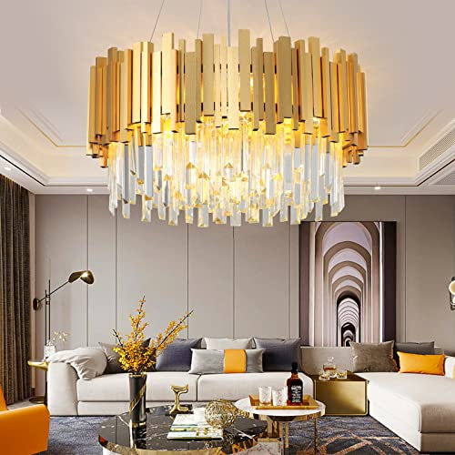 RRBEST Kristallleuchter E14 Deckenleuchte Esstisch Hängeleuchte Gold Kronleuchter Höhenverstellbar Deko Decke Beleuchtung Esszimmer Küche Wohnzimmer Schlafzimmer Kristall Pendellampe